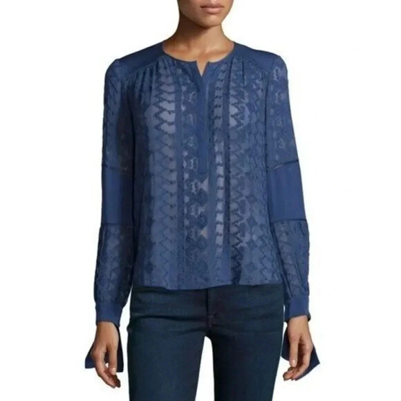 Rebecca Taylor Blue Embroidered Silk Long Sleeve Top 2 - Picture 1 of 4